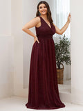 A-Line V-Neck Sleeveelss Floor Length Pleated Sparkly Evening Dresses for Party
