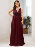 A-Line V-Neck Sleeveelss Floor Length Pleated Sparkly Evening Dresses for Party