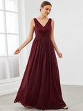A-Line V-Neck Sleeveelss Floor Length Pleated Sparkly Evening Dresses for Party