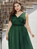 A-Line Sparkly V-Neck Empire-Waist Sleeveless Plus Size Evening Dress