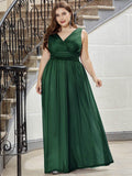 A-Line Sparkly V-Neck Empire-Waist Sleeveless Plus Size Evening Dress