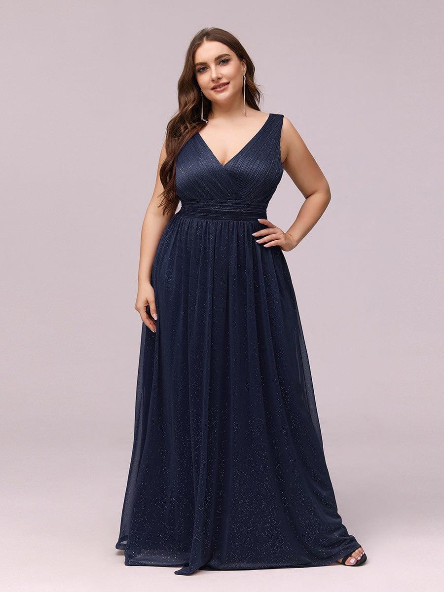 A-Line Sparkly V-Neck Empire-Waist Sleeveless Plus Size Evening Dress