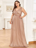 A-Line V-Neck Sleeveelss Floor Length Pleated Sparkly Evening Dresses for Party