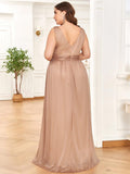 A-Line V-Neck Sleeveelss Floor Length Pleated Sparkly Evening Dresses for Party
