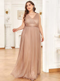 A-Line V-Neck Sleeveelss Floor Length Pleated Sparkly Evening Dresses for Party