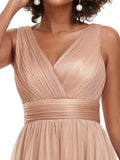 A-Line V-Neck Sleeveelss Floor Length Pleated Sparkly Evening Dresses for Party