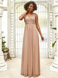 A-Line V-Neck Sleeveelss Floor Length Pleated Sparkly Evening Dresses for Party