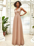 A-Line V-Neck Sleeveelss Floor Length Pleated Sparkly Evening Dresses for Party