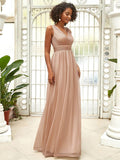 A-Line V-Neck Sleeveelss Floor Length Pleated Sparkly Evening Dresses for Party