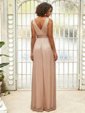 A-Line V-Neck Sleeveelss Floor Length Pleated Sparkly Evening Dresses for Party