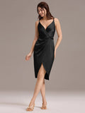 Sheath V-Neck Spaghetti Straps V-Neck Satin Wedding Guest Dress