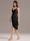 Sheath V-Neck Spaghetti Straps V-Neck Satin Wedding Guest Dress