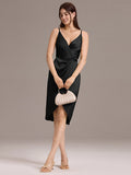 Sheath V-Neck Spaghetti Straps V-Neck Satin Wedding Guest Dress