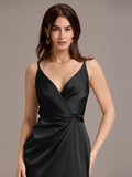 Sheath V-Neck Spaghetti Straps V-Neck Satin Wedding Guest Dress