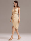 Sheath V-Neck Spaghetti Straps V-Neck Satin Wedding Guest Dress