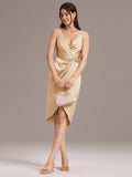 Sheath V-Neck Spaghetti Straps V-Neck Satin Wedding Guest Dress