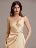 Sheath V-Neck Spaghetti Straps V-Neck Satin Wedding Guest Dress