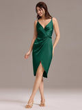 Sheath V-Neck Spaghetti Straps V-Neck Satin Wedding Guest Dress
