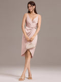 Sheath V-Neck Spaghetti Straps V-Neck Satin Wedding Guest Dress