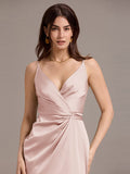 Sheath V-Neck Spaghetti Straps V-Neck Satin Wedding Guest Dress