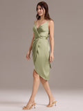Sheath V-Neck Spaghetti Straps V-Neck Satin Wedding Guest Dress