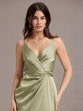 Sheath V-Neck Spaghetti Straps V-Neck Satin Wedding Guest Dress