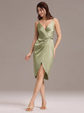 Sheath V-Neck Spaghetti Straps V-Neck Satin Wedding Guest Dress