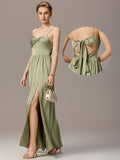 Spaghetti Straps Pleated Tie Satin Sleeveless Bridesmaid Dress