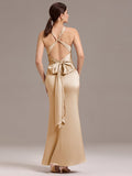 Elegant Bow Back Straps V-Neck Satin Mermaid Bridesmaid Dress