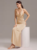 Elegant Bow Back Straps V-Neck Satin Mermaid Bridesmaid Dress