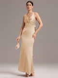 Elegant Bow Back Straps V-Neck Satin Mermaid Bridesmaid Dress