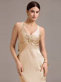 Elegant Bow Back Straps V-Neck Satin Mermaid Bridesmaid Dress