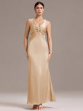 Elegant Bow Back Straps V-Neck Satin Mermaid Bridesmaid Dress