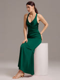 Elegant Bow Back Straps V-Neck Satin Mermaid Bridesmaid Dress