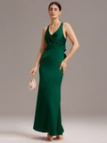 Elegant Bow Back Straps V-Neck Satin Mermaid Bridesmaid Dress