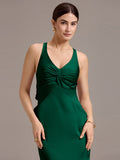 Elegant Bow Back Straps V-Neck Satin Mermaid Bridesmaid Dress
