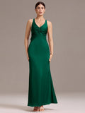 Elegant Bow Back Straps V-Neck Satin Mermaid Bridesmaid Dress