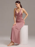 Elegant Bow Back Straps V-Neck Satin Mermaid Bridesmaid Dress
