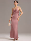 Elegant Bow Back Straps V-Neck Satin Mermaid Bridesmaid Dress