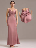 Elegant Bow Back Straps V-Neck Satin Mermaid Bridesmaid Dress
