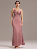 Elegant Bow Back Straps V-Neck Satin Mermaid Bridesmaid Dress