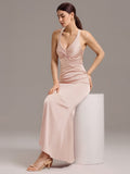 Elegant Bow Back Straps V-Neck Satin Mermaid Bridesmaid Dress