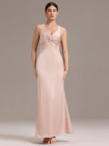 Elegant Bow Back Straps V-Neck Satin Mermaid Bridesmaid Dress
