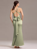 Elegant Bow Back Straps V-Neck Satin Mermaid Bridesmaid Dress