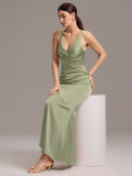 Elegant Bow Back Straps V-Neck Satin Mermaid Bridesmaid Dress