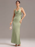 Elegant Bow Back Straps V-Neck Satin Mermaid Bridesmaid Dress