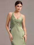 Elegant Bow Back Straps V-Neck Satin Mermaid Bridesmaid Dress