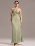 Elegant Bow Back Straps V-Neck Satin Mermaid Bridesmaid Dress