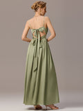 Spaghetti Straps Pleated Tie Satin Sleeveless Bridesmaid Dress