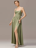 Spaghetti Straps Pleated Tie Satin Sleeveless Bridesmaid Dress